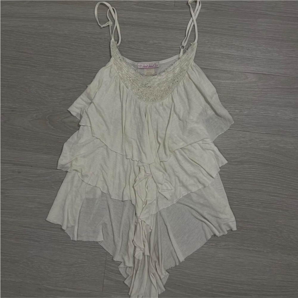 Wet Seal Ivory beaded top with ruffle details Size: Medium